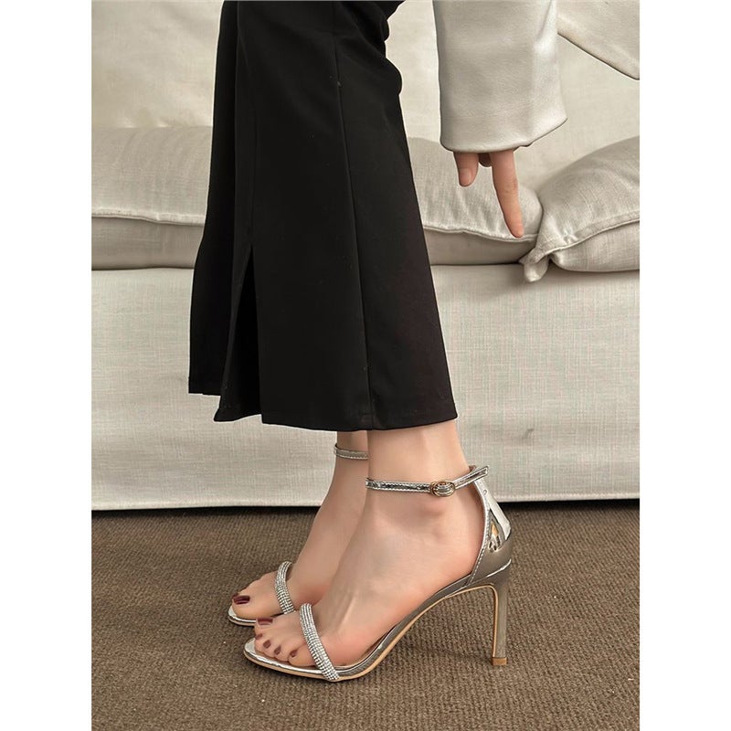 Women'S High Heels With High Heels 2025 Spring New Chopped Men'S Silver Rhinestone Open Toe Thin Heel Beautiful Sandals - Image 3